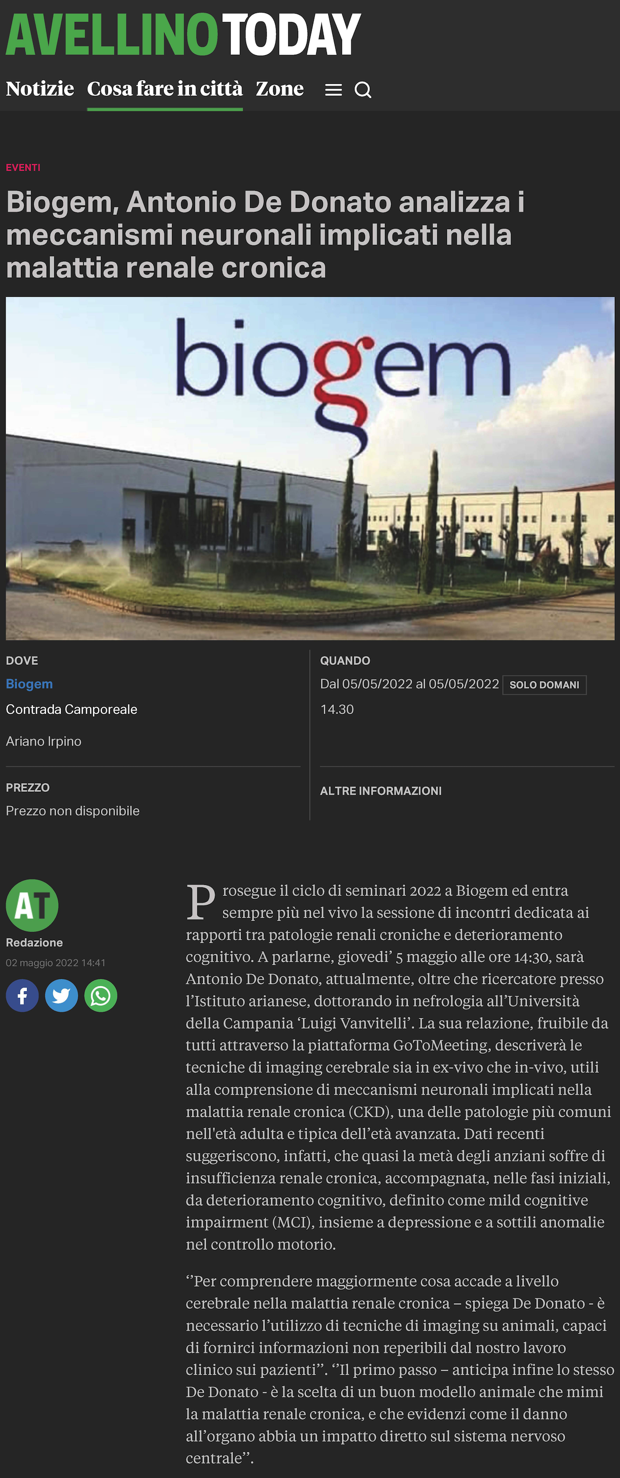 Biogem, Antonio De Donato analizza i meccanismi neuronali implicati nella malattia renale cronica